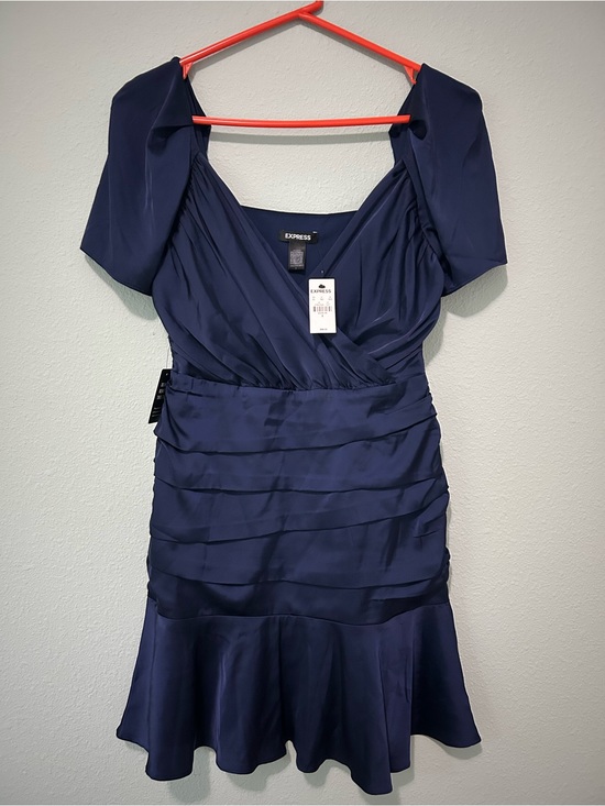 Express Dresses & Skirts - Express Navy Satin Ruched Mini Dress with Ruffle Hem- NWT!
